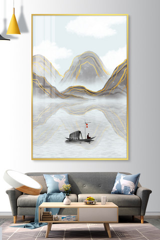 复古山水墨海报模板_新中式装饰画山、小船灰色新中式装修效果图