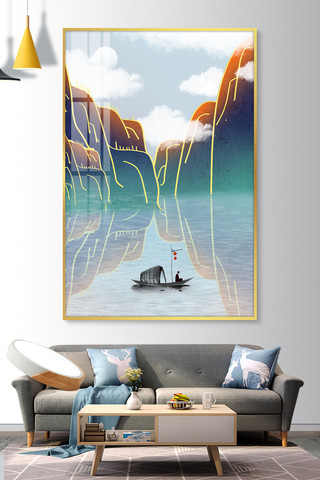 中式客厅效果图海报模板_新中式装饰画山峦、小船蓝色新中式装修效果图