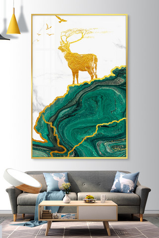 装饰画海报模板_装饰画山、麋鹿绿色现代中国风装修效果图
