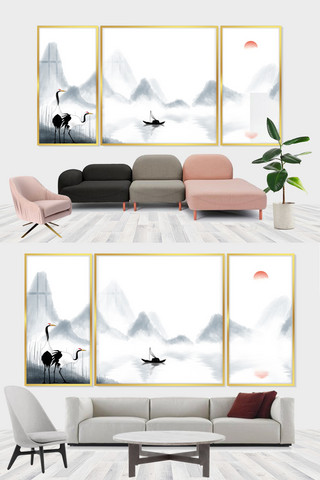 山水墨中国风海报模板_装饰画渔船、山灰色中国风装修效果图