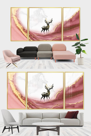 新中式红色海报模板_装饰画麋鹿粉色新中式装修效果图