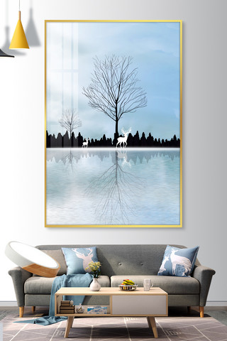 清澈高远海报模板_装饰画树蓝色现代风装修效果图