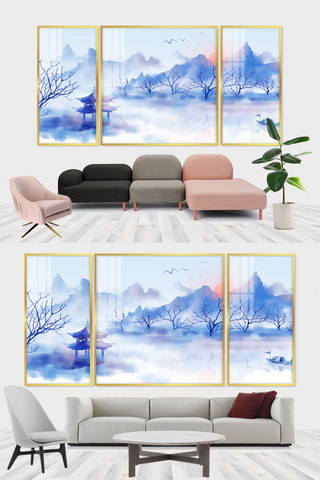 装饰画海报模板_装饰画山河蓝色中国风装修效果图