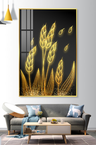 中式客厅效果图海报模板_装饰画麦穗黄色新中式装修效果图