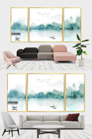 小船绿色海报模板_装饰画山水绿色中国风装修效果图
