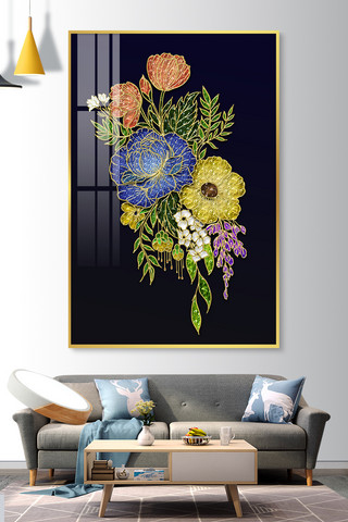 国潮复古蓝海报模板_多彩晶瓷珐琅花卉组合蓝黄橙金现代风装饰画