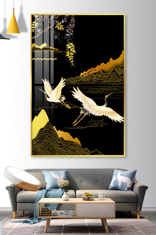中式客厅效果图海报模板_装饰画仙鹤黄色新中式装修效果图