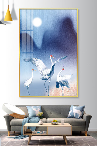 中式客厅效果图海报模板_装饰画仙鹤蓝色新中式装修效果图