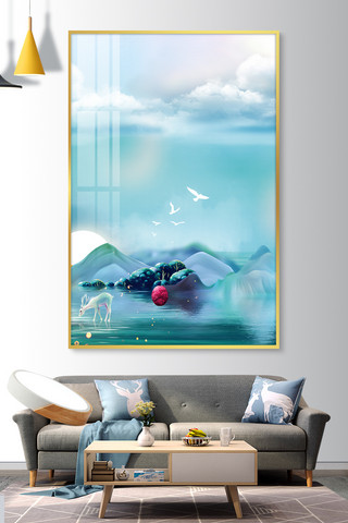 山装饰画海报模板_装饰画麋鹿蓝色现代风装修效果图