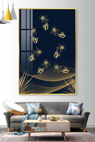 中式客厅效果图海报模板_装饰画金鱼黑色新中式装修效果图