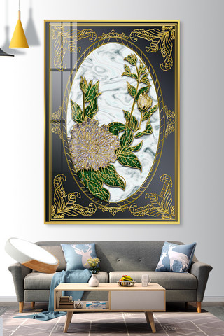 晶瓷画办公室海报模板_欧式晶瓷画白描植物花卉绿白多彩欧式巴洛克珐琅画