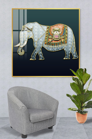 西双版纳大象海报模板_传统图案太平有象吉祥大象白橙灰金现代风晶瓷画珐琅画