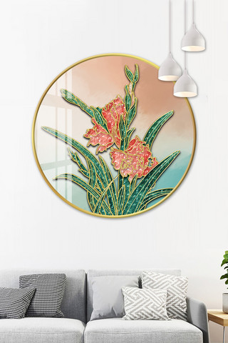 晶瓷画素材海报模板_唐菖蒲花卉植物绿红金边现代风晶瓷画
