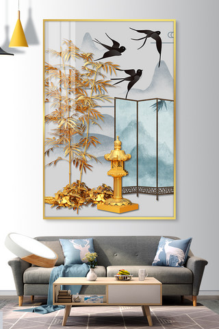 国潮中式山水海报模板_新中式燕子金色中国风装饰画