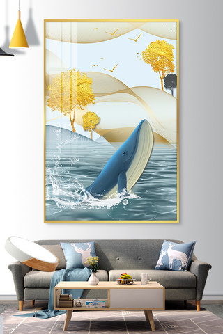 剪影海鸥海报模板_新中式鲸鱼金色简约装饰画