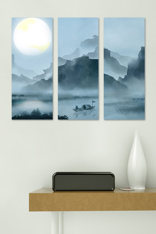 室内背景中国风海报模板_水墨装饰画山水灰色中国风装修效果图