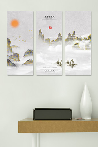 中国风效果图海报模板_山水装饰画山水灰色金线中国风装修效果图