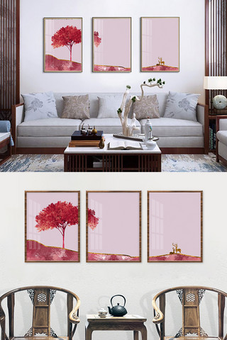 北欧极简主义海报模板_北欧客厅粉红色极简主义装饰画