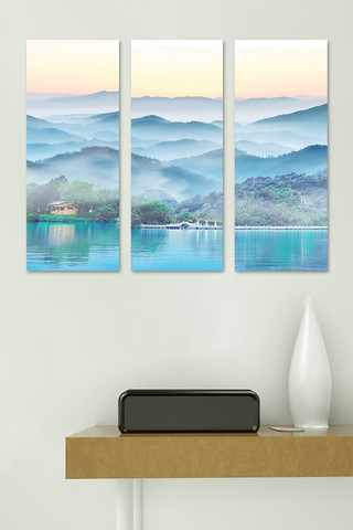 三联幅装饰画海报模板_水墨装饰画山水蓝色中国风装修效果图