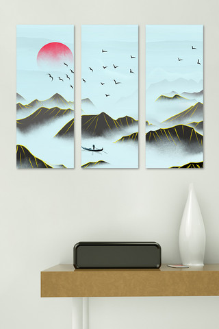 中国风山水国画海报模板_金线山水装饰画山水蓝色中国风装修效果图