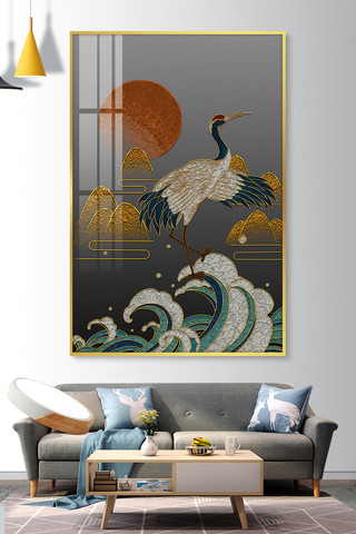 中国风鎏金山水海报模板_珐琅彩仙鹤黄色浮世绘装饰画