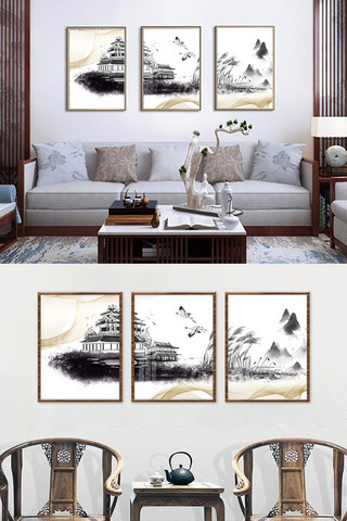 中国画装饰画海报模板_中式山水黑色简约三联装饰画