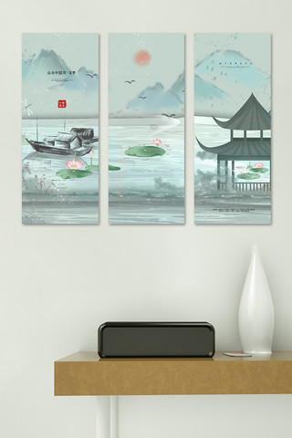 中式客厅效果图海报模板_中式山水装饰画凉亭蓝色中国风装修效果图