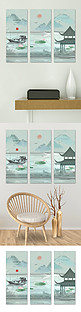 中式山水装饰画凉亭蓝色中国风装修效果图