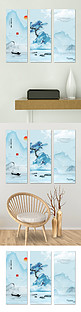 中式山水装饰画卷轴蓝色中国风装修效果图