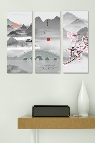 灰色水墨古风背景海报模板_中式山水装饰画长桥樱花灰色中国风装修效果图