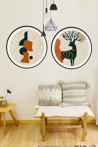 橙色客厅海报模板_圆形抽象橙色，黑色现代、简约晶瓷画