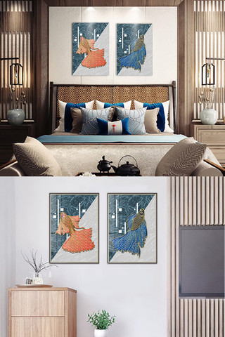 鱼抽象海报模板_两只斗鱼斗鱼动物蓝红搭配现代风珐琅彩二联装饰画