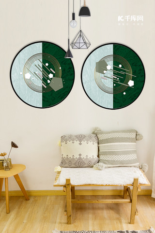 卧室现代海报模板_流星光华抽象几何绿金色莫兰迪现代装饰画