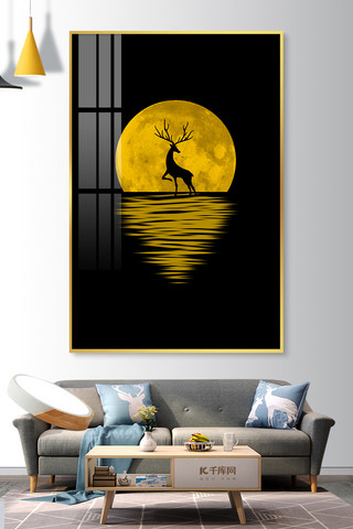 室内装饰挂画海报模板_剪影月亮麋鹿黄色抽象室内装饰画