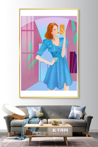 手绘客厅装饰海报模板_单联装饰画自拍人物蓝紫色梦幻渐变抽象立体风装饰装修