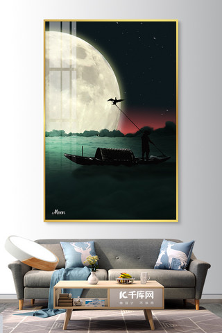 黑色夜空背景海报模板_抽象画月亮黑色云海室内精美装饰画挂画