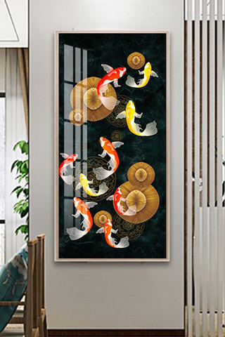 装饰画客厅海报模板_单联长款九鱼招财金色红色抽象室内客厅装饰画