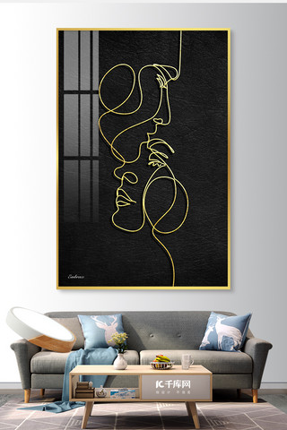 抽象简约线条背景海报模板_人像黑色线条简约抽象室内客厅装饰画