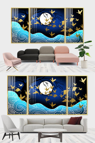 仙鹤抽象海报模板_飞鹤装饰画仙鹤蓝色中国风室内装饰画