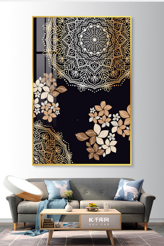 装饰画海报模板_抽象纹理装饰画花朵黑金大气合成室内装饰画