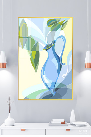 植物室内背景海报模板_花瓶装饰画花瓶蓝色抽象室内装饰画