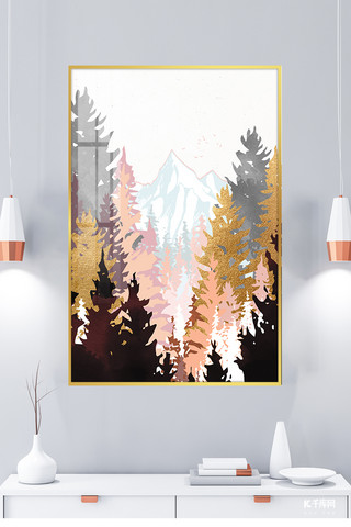 植物室内背景海报模板_森林雪山树雪山金色北欧风室内装饰画