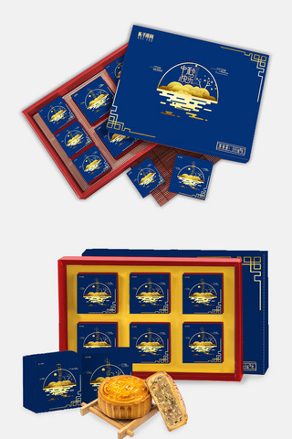 月饼设计包装海报模板_中秋月饼礼盒包装中式中秋元素蓝色中式包装礼盒