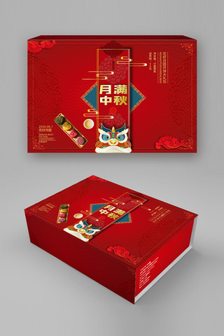 国潮风礼盒海报模板_中秋礼盒版式设计红色国潮风包装