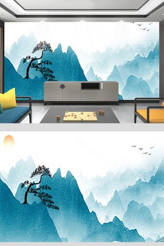 蓝色工笔画海报模板_背景墙中国风蓝色新中式客厅背景墙