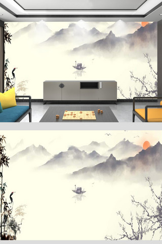 新中式家居背景海报模板_背景墙工笔画暖色系中国风新中式背景墙