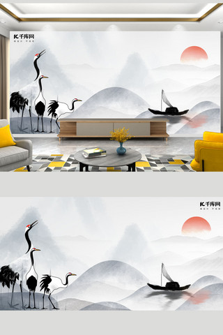 新中式室内海报模板_新中式背景墙山水黑白灰新中式室内背景墙
