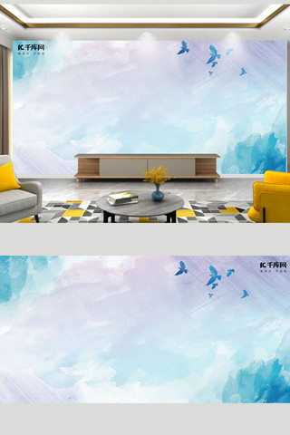 中式背景墙海报模板_新中式背景墙抽象山水蓝色新中式室内背景墙