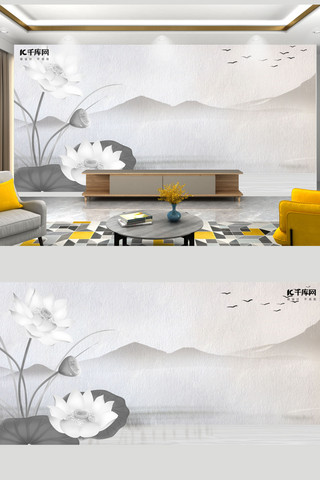 极简沙发背景墙海报模板_新中式背景墙荷花灰色新中式室内背景墙