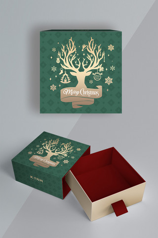 圣诞节包装海报模板_圣诞节礼盒麋鹿绿色简约包装礼盒